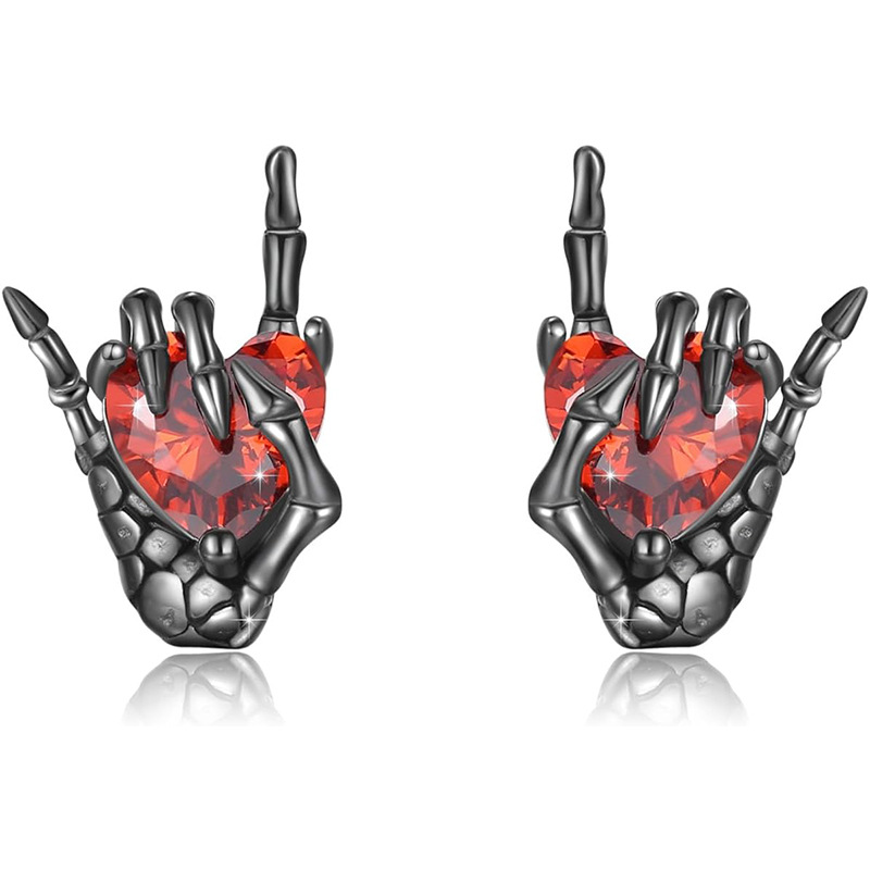 Vintage Dark Series Ghost Hand Gesture Heart Diamond Stud Earrings - Image 6