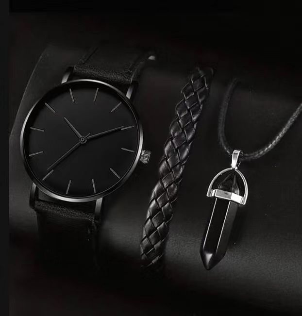 Men's Disc Watch with Rectangle and Beads Bracelet - Elegant Three-Piece Set - Image 2