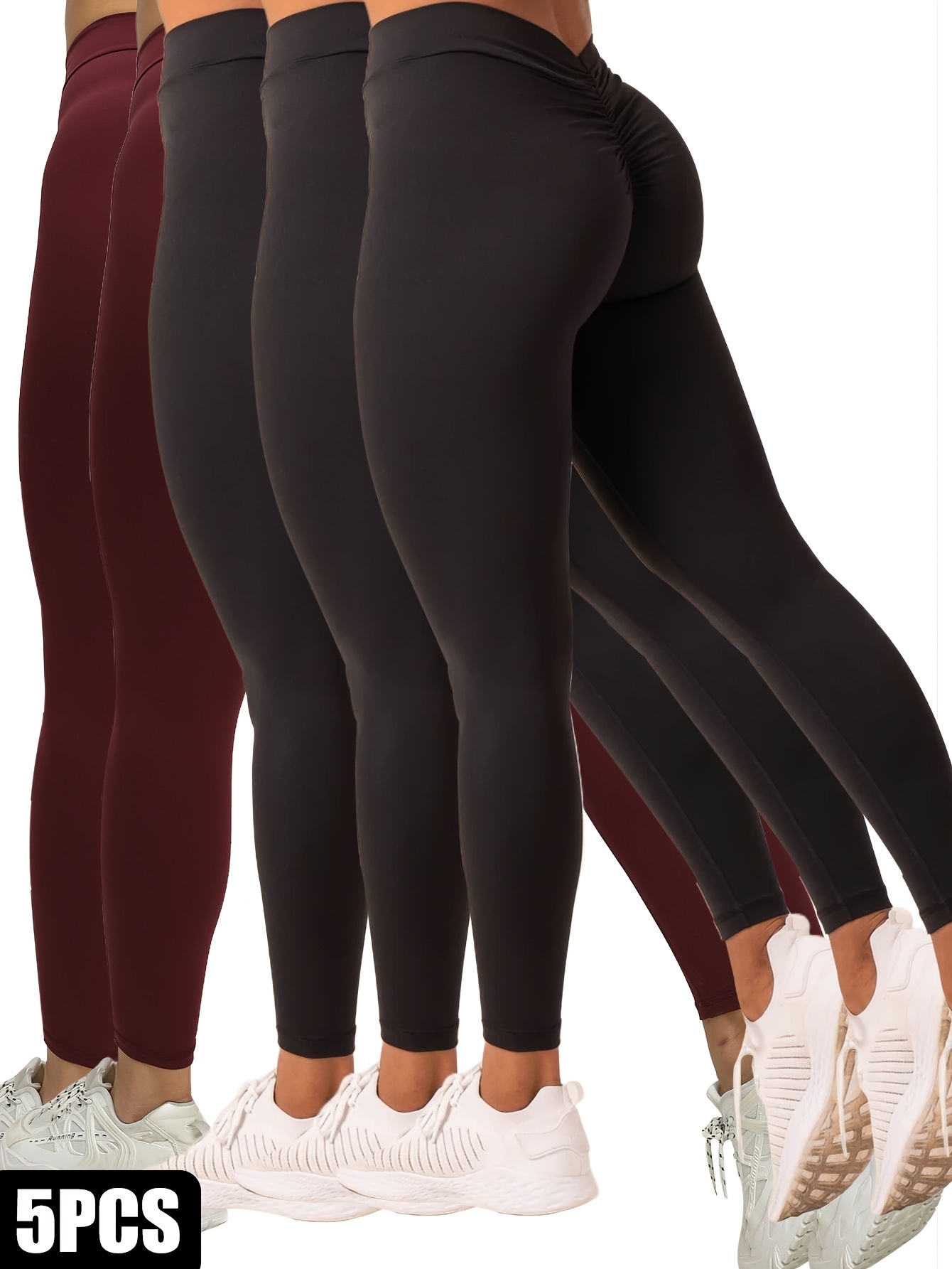 5 Pack Women's High-Waisted V-Back Yoga Tights for Butt Lift & Tummy Control - Solid Color Workout Leggings for Fitness & Running - Image 11