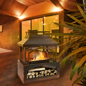 37 Inch Rectangular Metal Outdoor Wood Burning Fireplace - Stylish Outdoor Fireplace with Built-in Log Storage & Brush Stick for Cozy Patio, Garden & Backyard Fire Pits